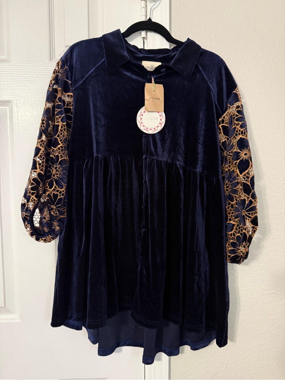 Umgee Navy Velvet Baby Doll Dress with Gold Crochet Sleeves